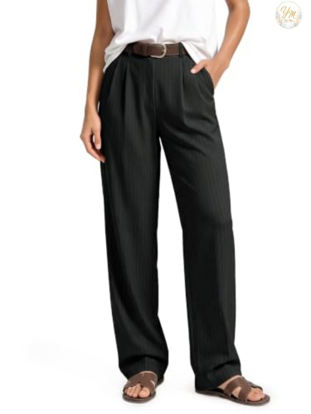 High-Rise Wide Leg Trousers Adjustable Tailored Stretch Work Pants with Pockets